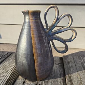 Pottery Pitcher Handcrafted Cool Loopy Handle Brown Glaze